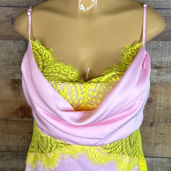 Fore Pink Sleeveless Dress Draped Neck Yellow Eyelash Lace Size Large - Picture 2 of 9